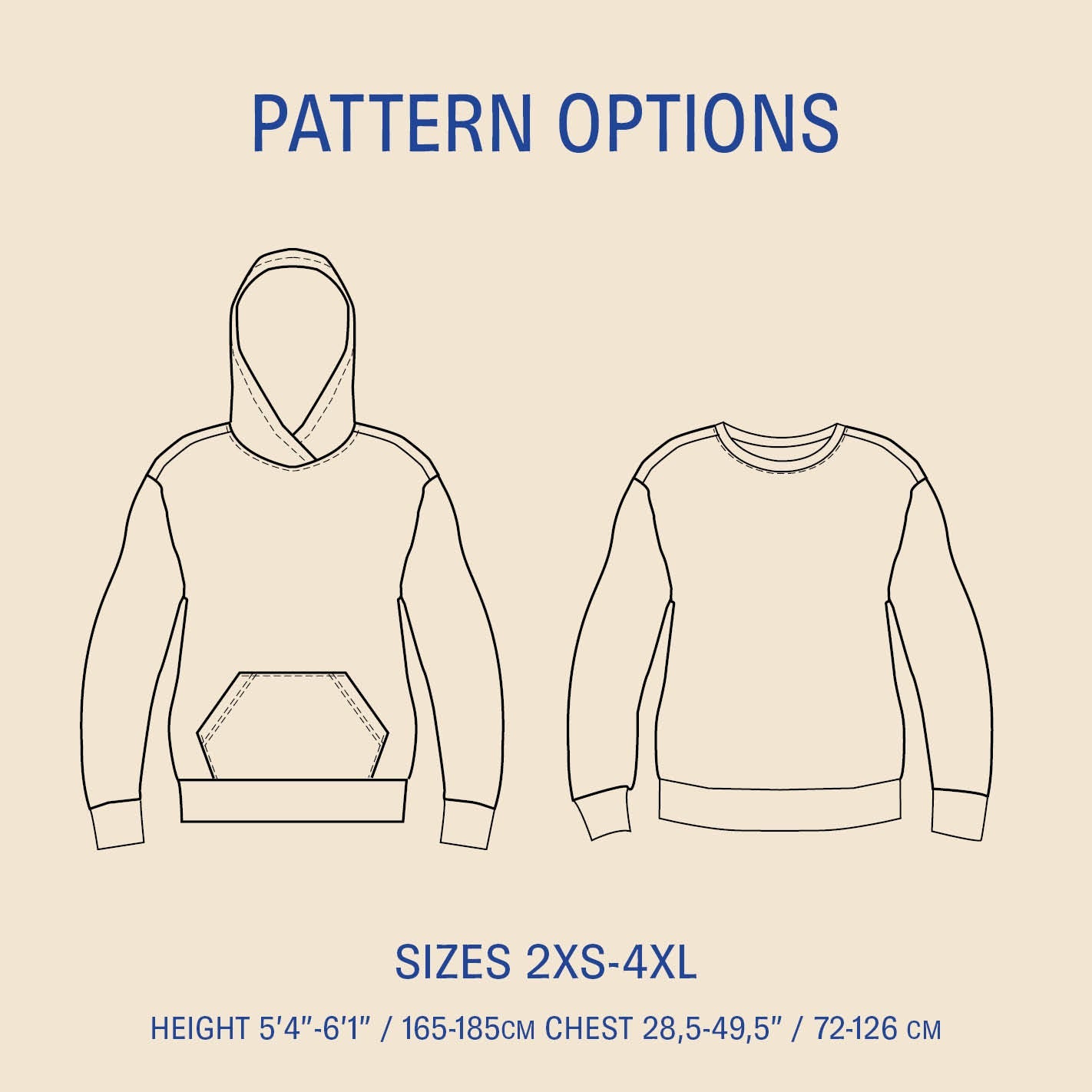 Outline of a hoodie and a sweatshirt with pattern options and size information on a beige background.