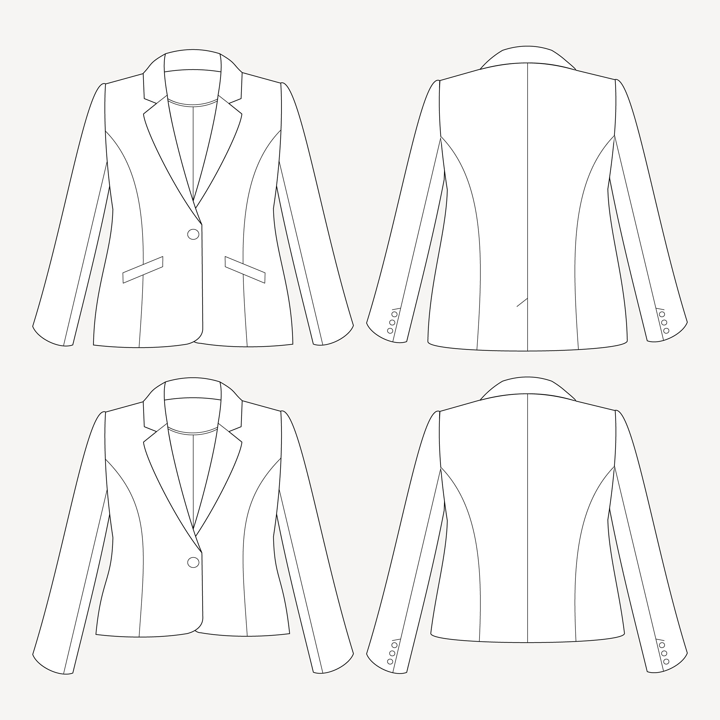 Line drawing of a blazer from multiple angles on a white background. This blazer is the Auburn Blazer sewing pattern from Cashmerette.