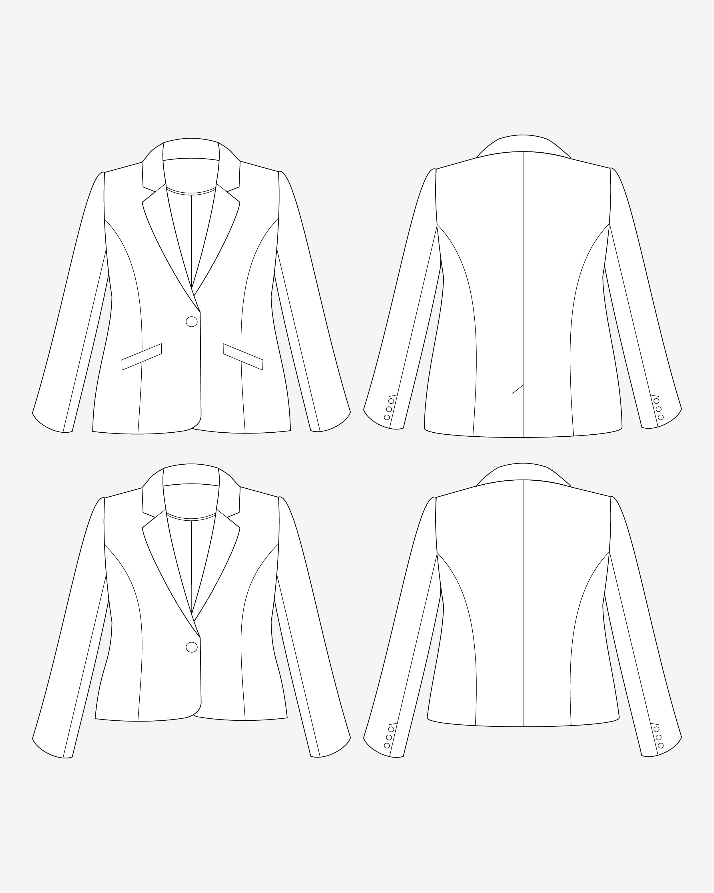 Line drawing of a blazer from multiple angles on a white background. This blazer is the Auburn Blazer sewing pattern from Cashmerette.