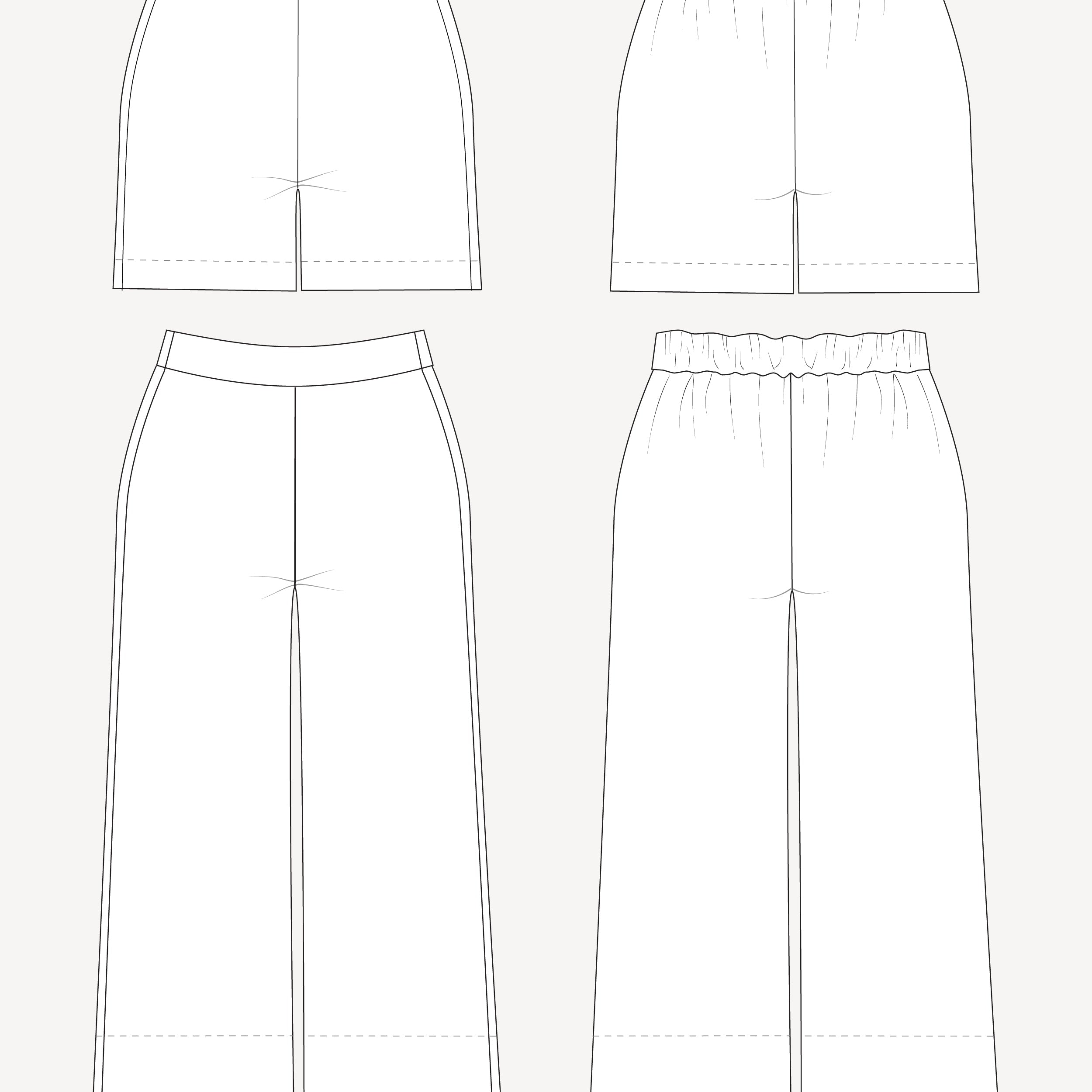 Line drawings of various styles of pants on a white background. These pants are the Calder Pants & Shorts sewing pattern from Cashmerette.
