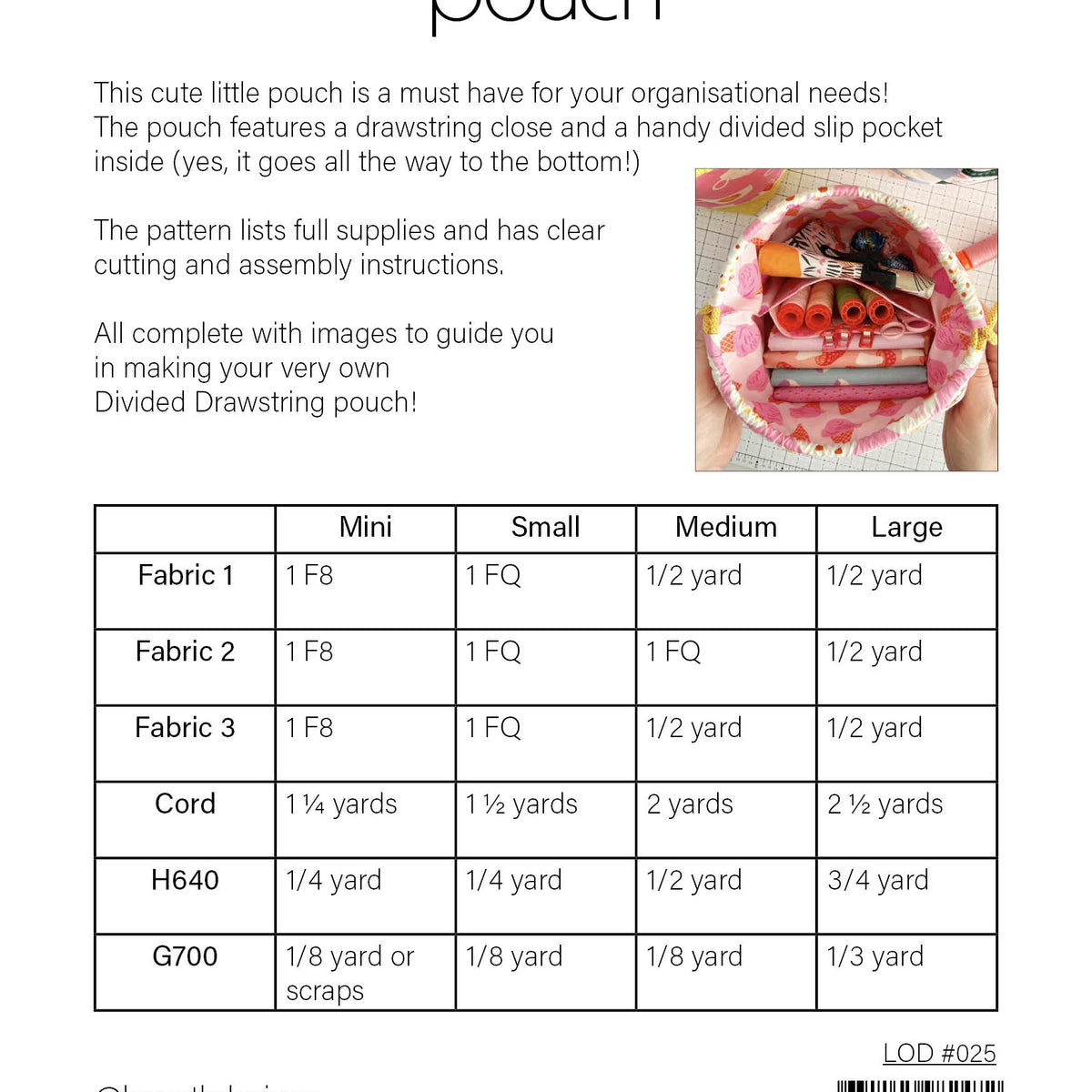 Divided drawstring pouch pattern