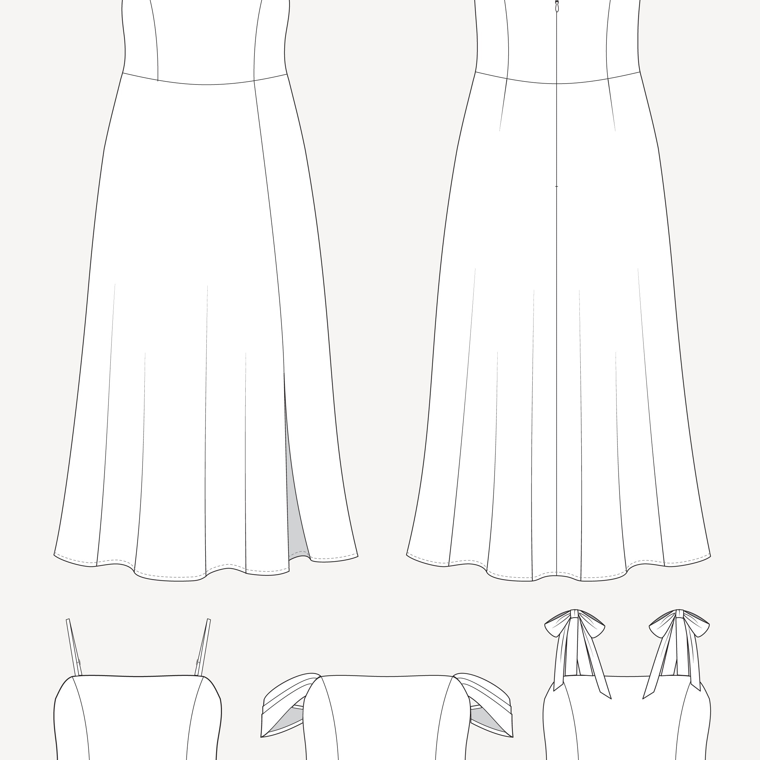 Line drawings of various strapless dresses on a white background. This dress is the Ellington Strapless Dress sewing pattern from Cashmerette.