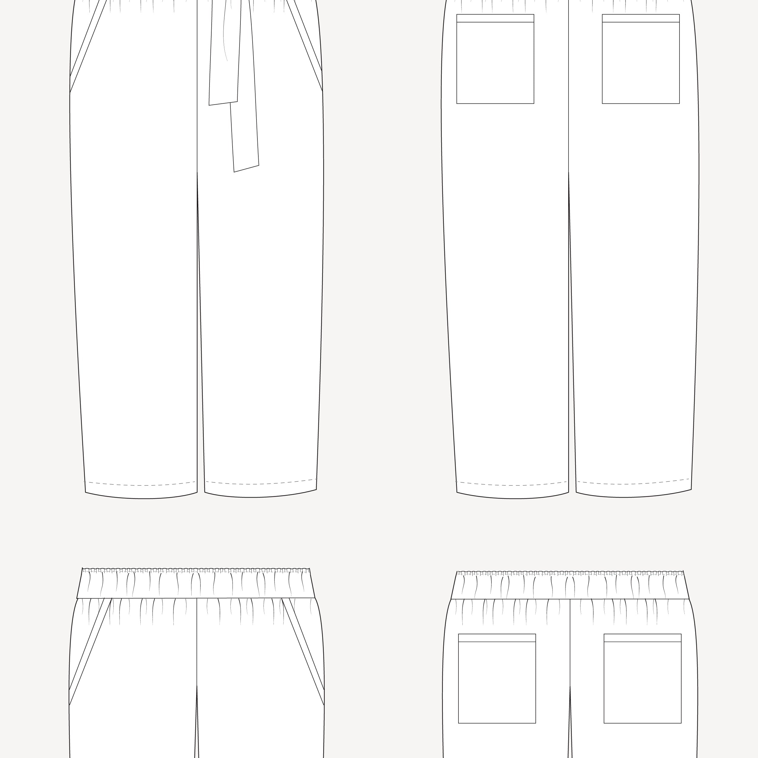 Line drawing of a pair of pants with a belt and front pockets on a white background. These pants are the Everett Pants & Shorts sewing pattern from Cashmerette.