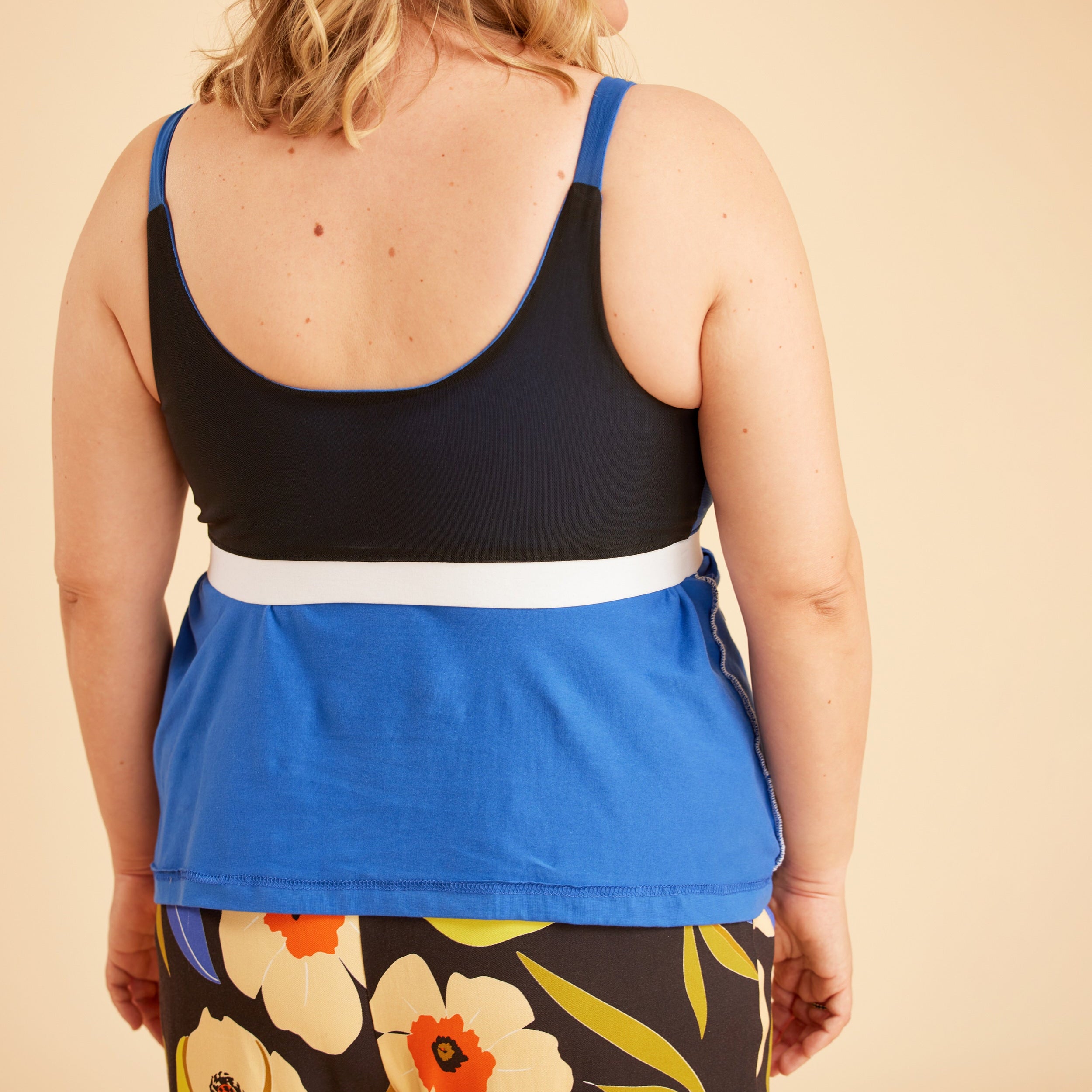 Inside view of a blue camisole with a built-in bra. This is the Fiske Sleepwear Set sewing pattern from Cashmerette.