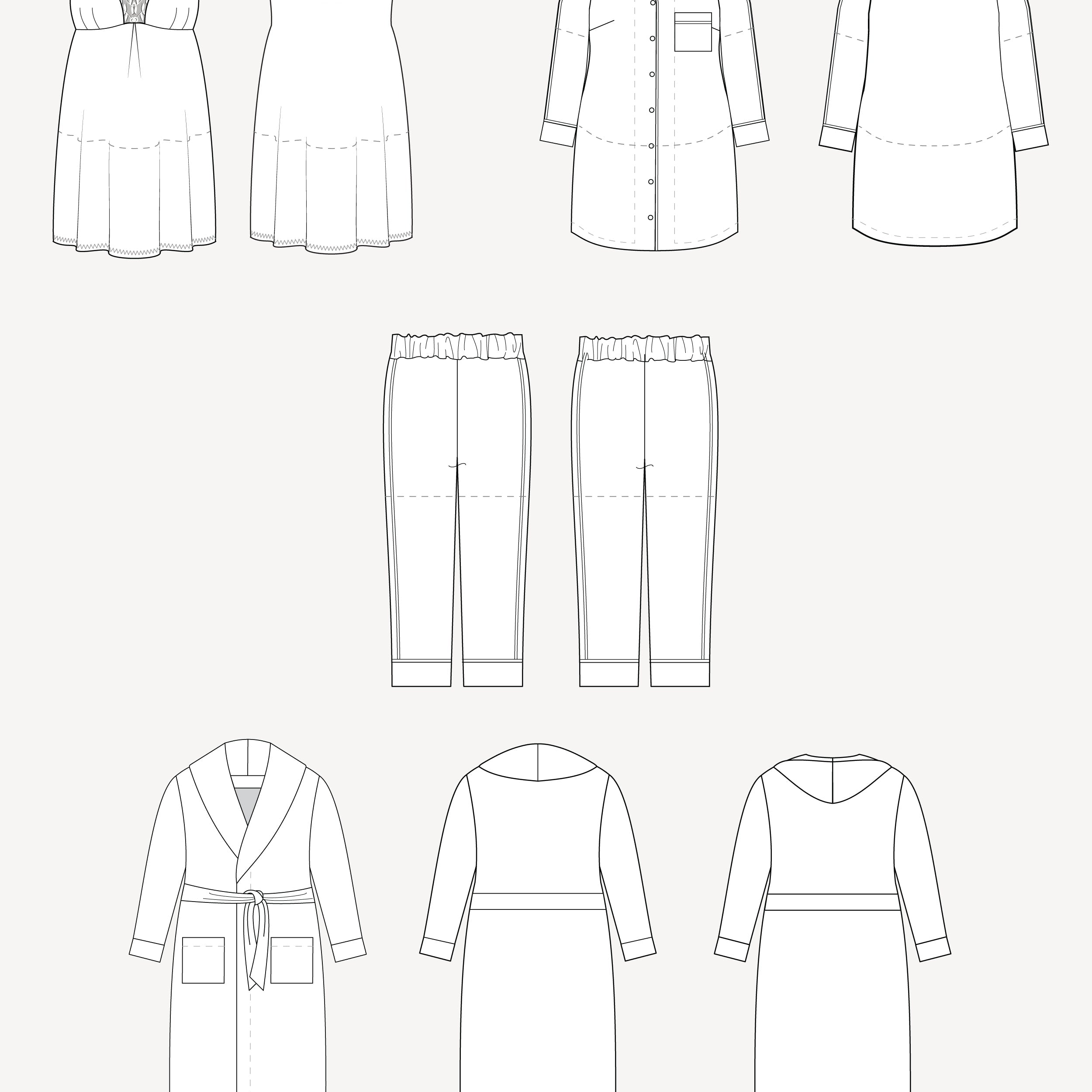 Set of black line drawings of various clothing items on a white background. This is the Fiske Sleepwear Set sewing pattern from Cashmerette.
