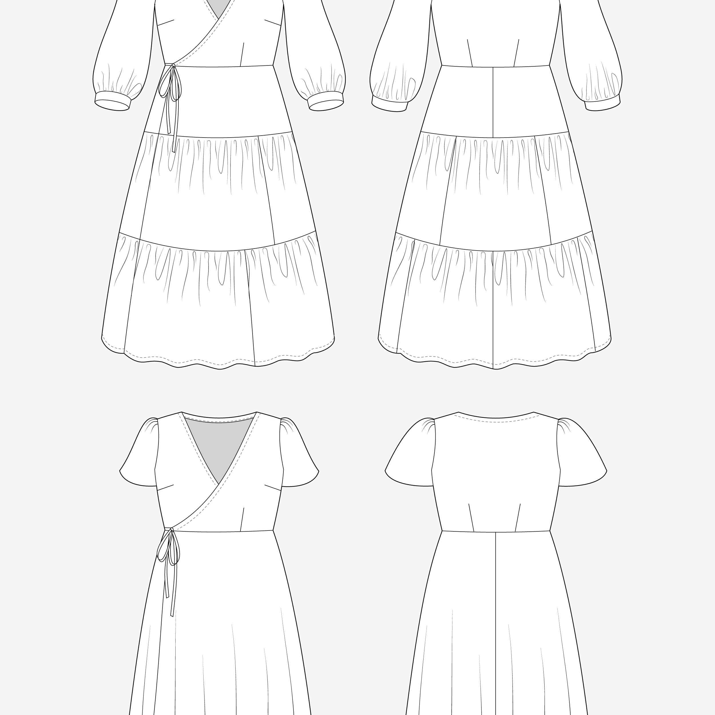 Line art of a dress from multiple angles on a white background. This dress is the Roseclair Wrap Dress sewing pattern from Cashmerette.