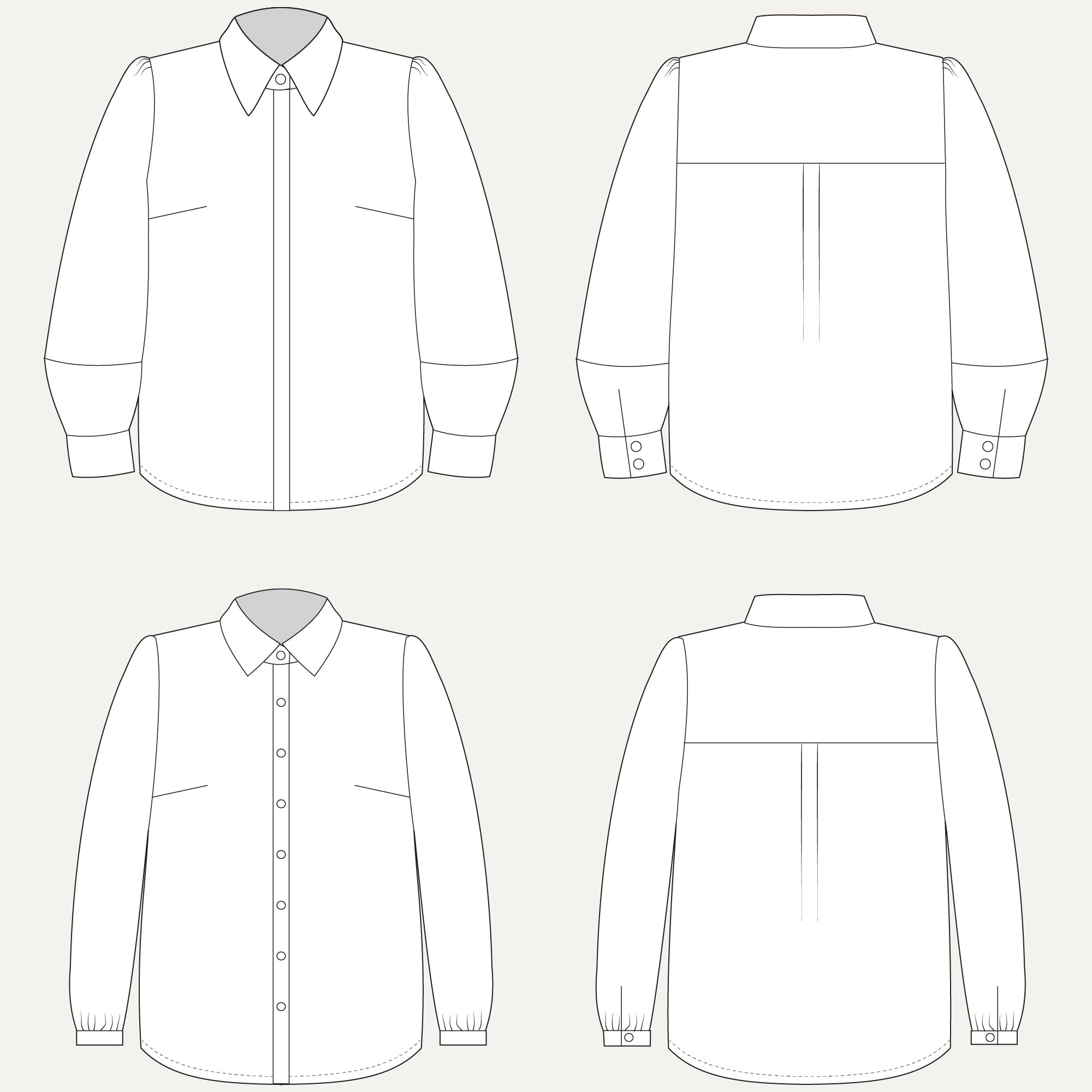 Line drawing of a shirt from front, back, and side views on a white background. This top is the Vernon Shirt sewing pattern from Cashmerette.