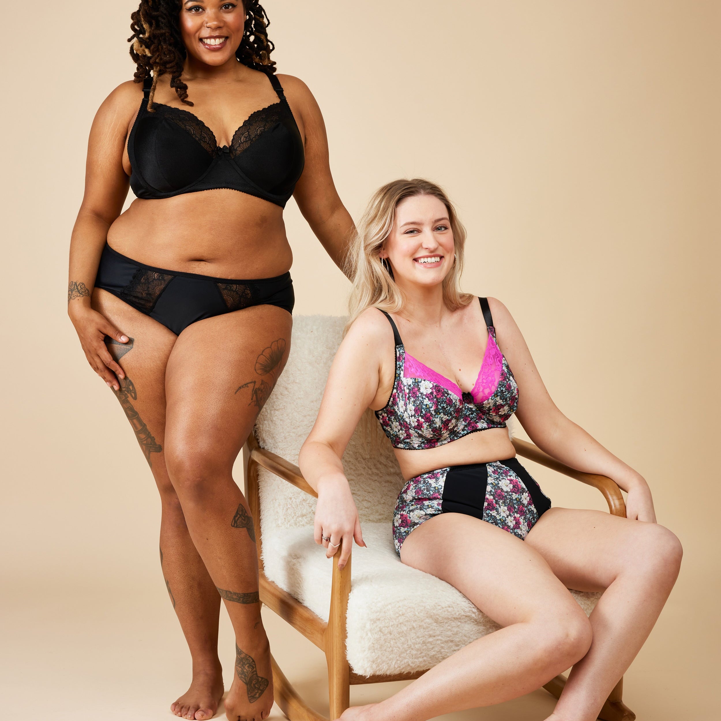 Two women wearing lingerie on a beige background. This bra is the Willowdale Bra sewing pattern from Cashmerette.