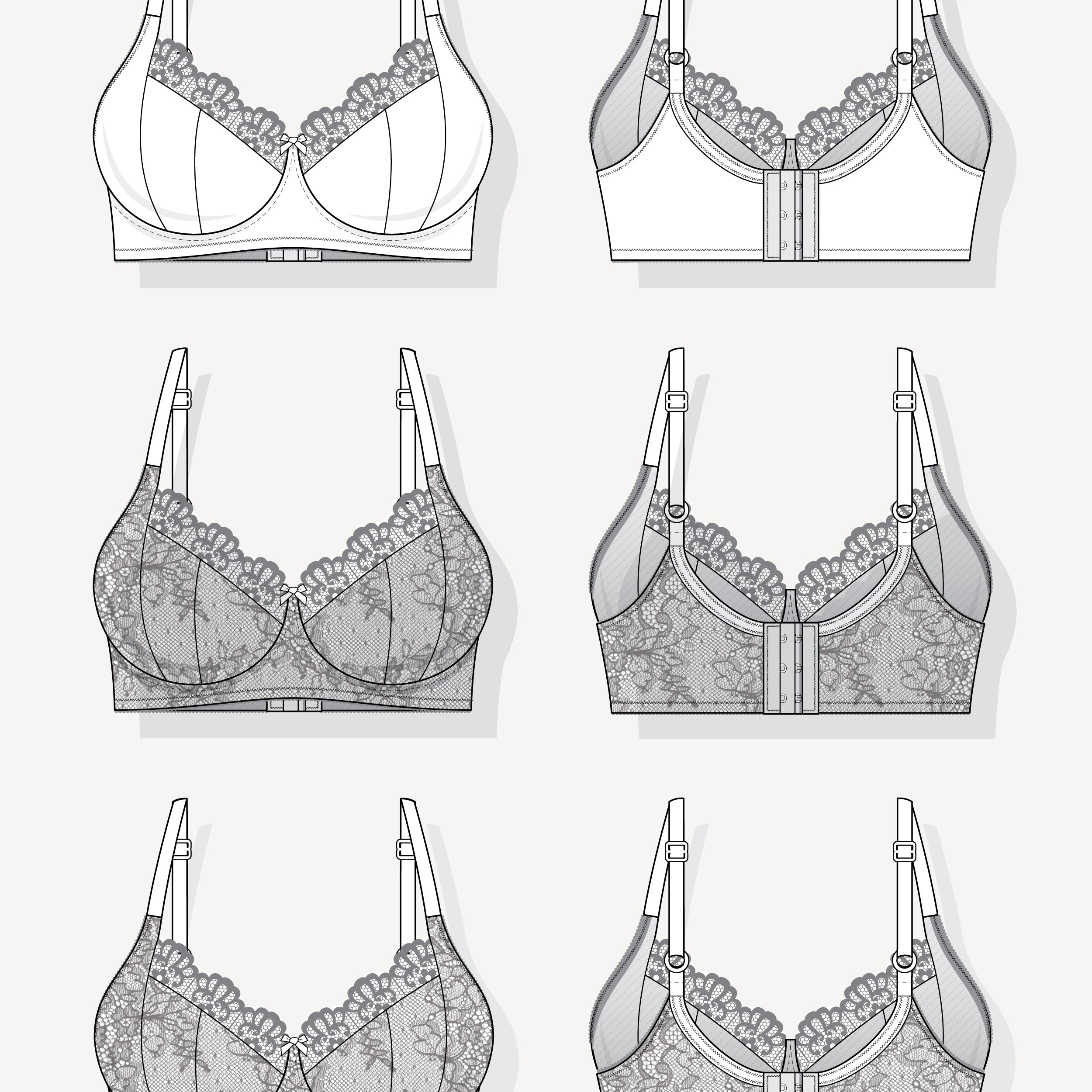 Technical drawings of various types of bras on a white background. This bra is the Willowdale Bra sewing pattern from Cashmerette.