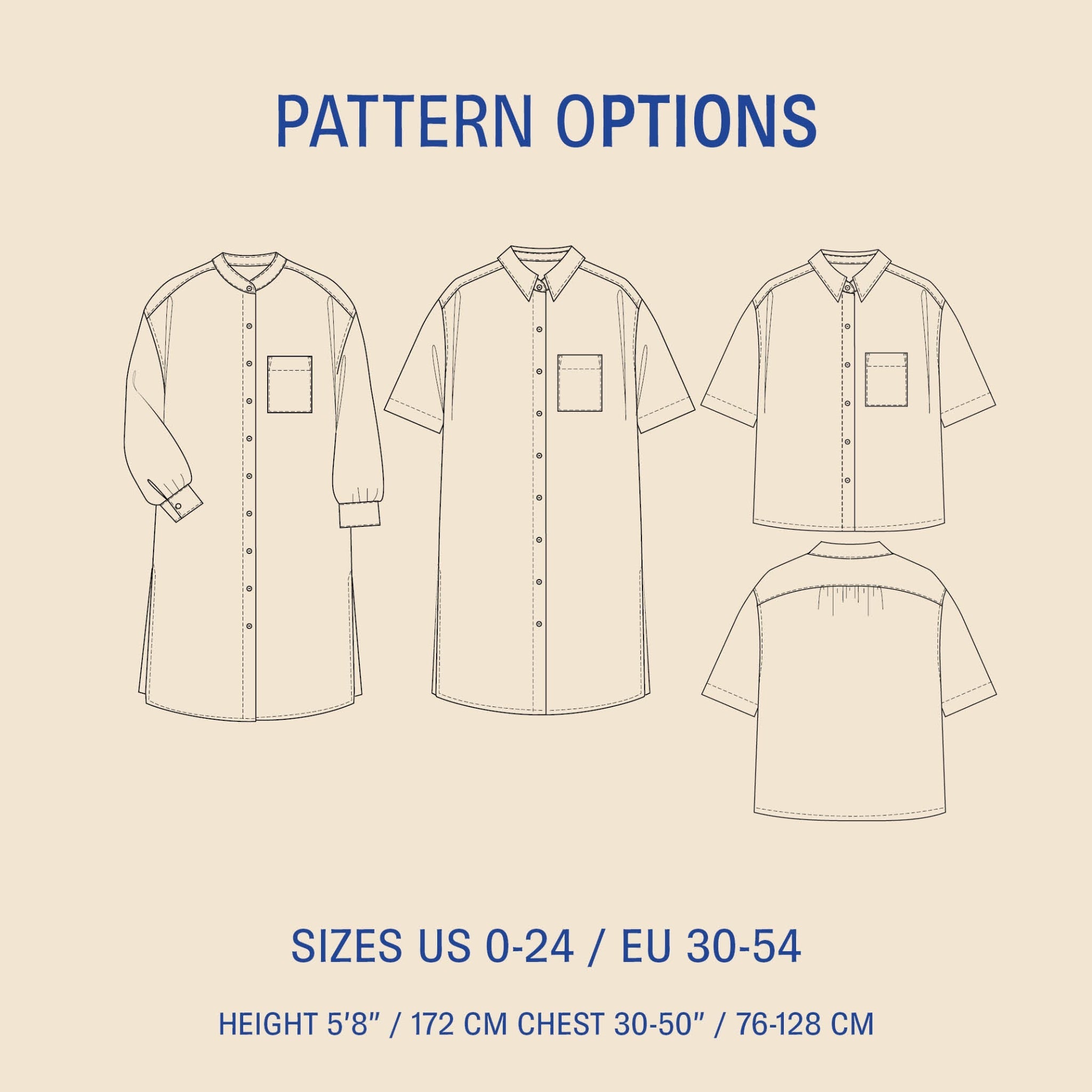 Pattern options for a shirt with various sizes and patterns on a beige background.