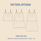 Outline of a dress with pattern options and size information on a beige background