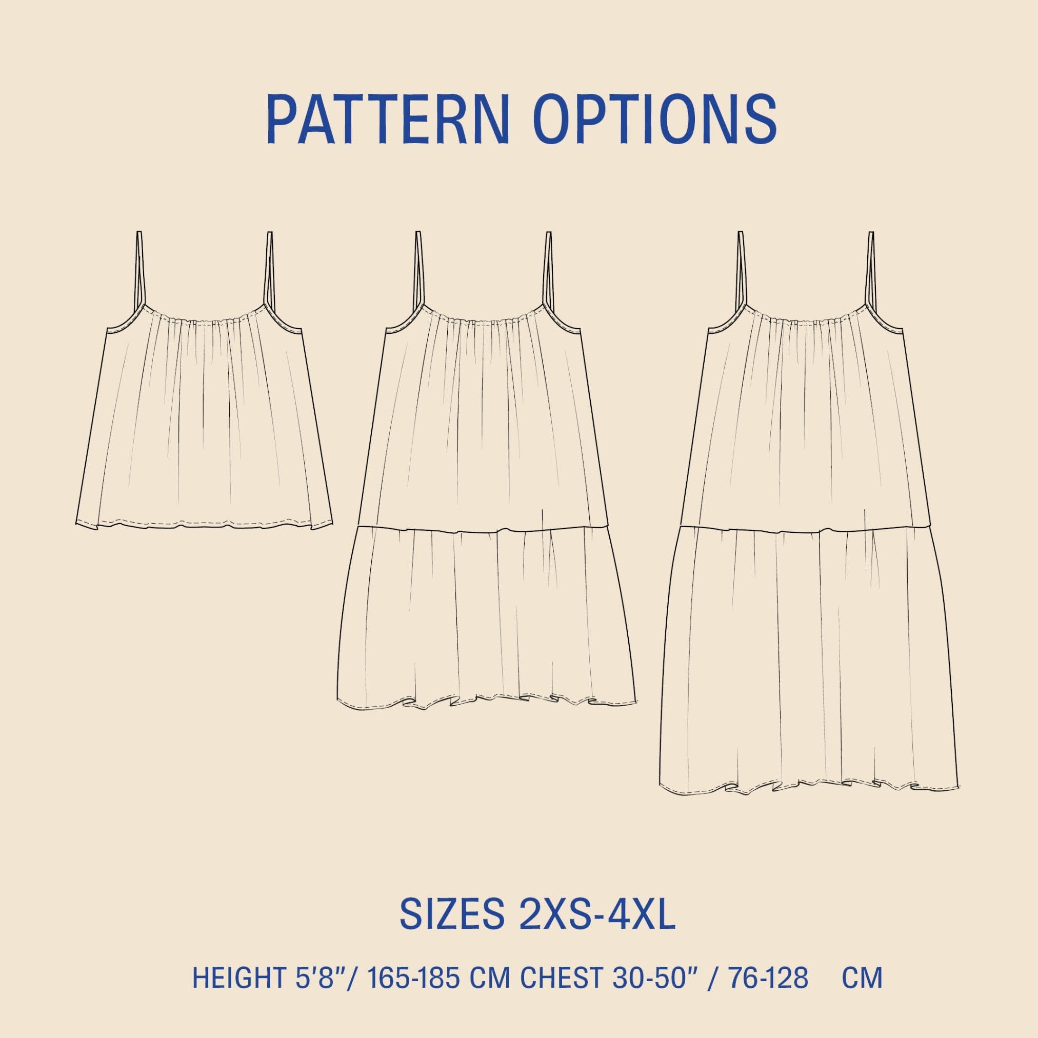 Outline of a dress with pattern options and size information on a beige background