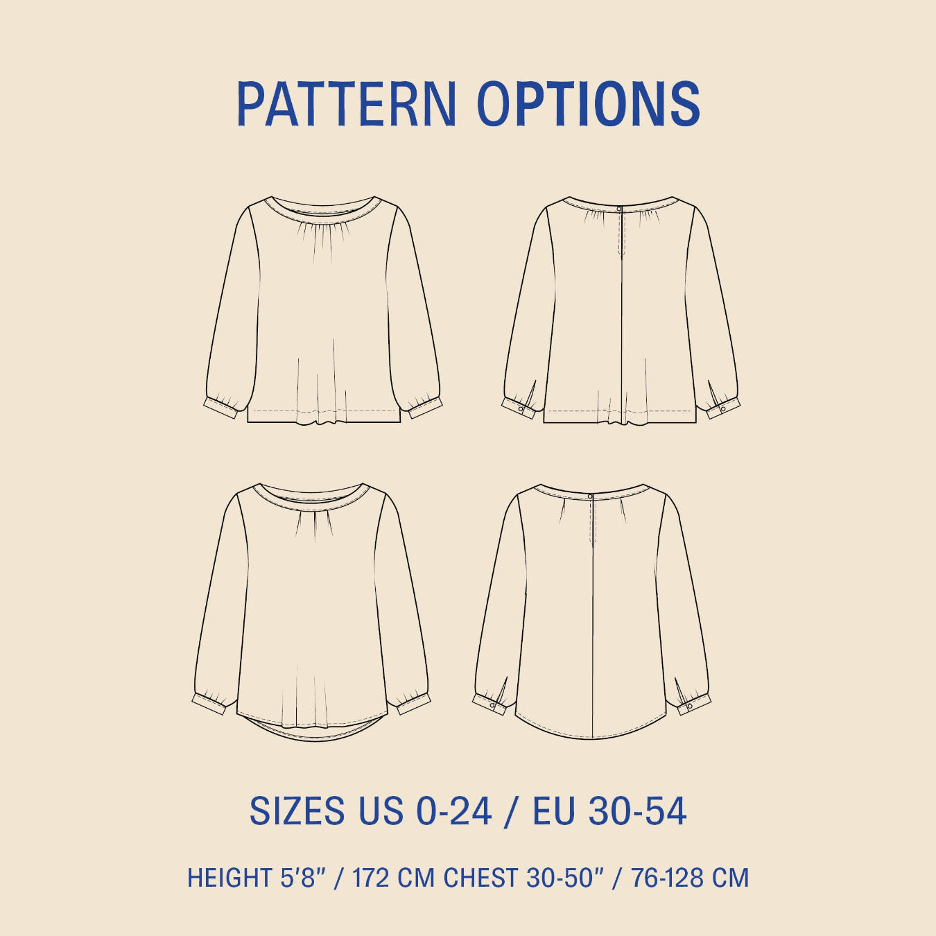 Sewing pattern diagram of a blouse with front, back, and side views on a beige background.
