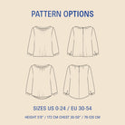 Sewing pattern diagram of a blouse with front, back, and side views on a beige background.