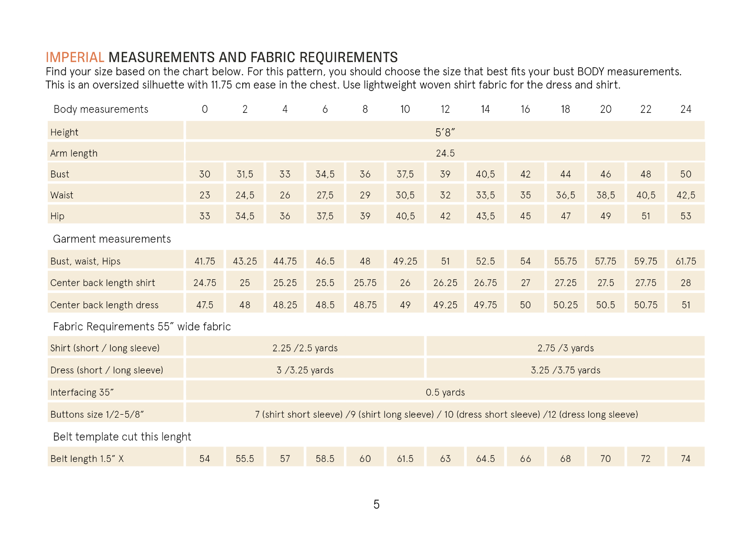 Measurement chart for dress and shirt patterns with body measurements and fabric requirements.