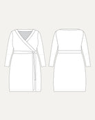 Line drawing of a wrap dress from front and back views on a white background. This dress is the Appleton Wrap Dress sewing pattern from Cashmerette.