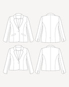 Line drawing of a blazer from multiple angles on a white background. This blazer is the Auburn Blazer sewing pattern from Cashmerette.