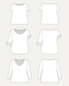 Line art of various t-shirt designs on a white background. This t-shirt is the Concord T-Shirt sewing pattern from Cashmerette.