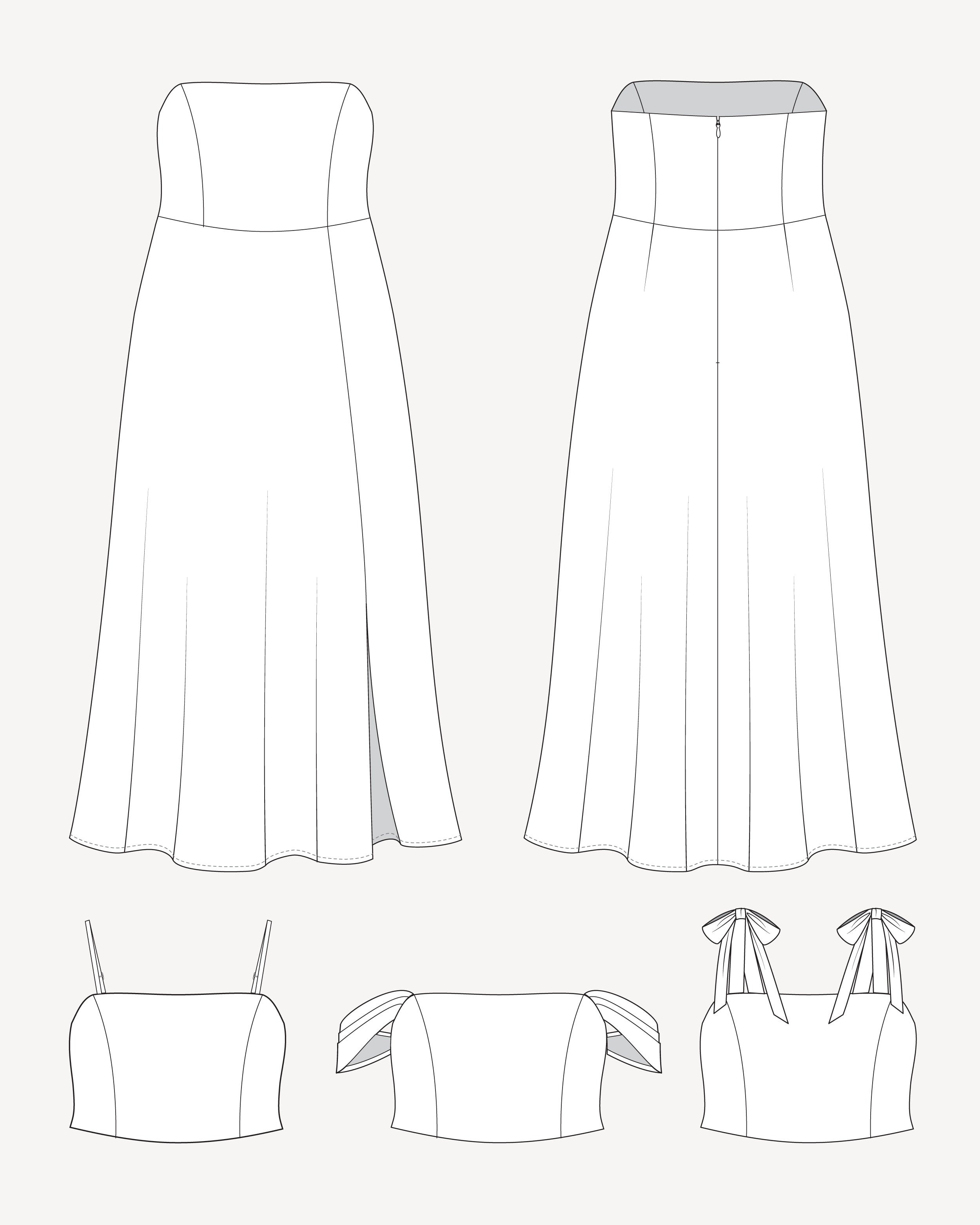 Line drawings of various strapless dresses on a white background. This dress is the Ellington Strapless Dress sewing pattern from Cashmerette.