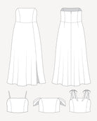 Line drawings of various strapless dresses on a white background. This dress is the Ellington Strapless Dress sewing pattern from Cashmerette.
