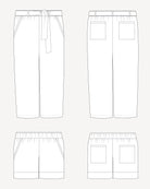 Line drawing of a pair of pants with a belt and front pockets on a white background. These pants are the Everett Pants & Shorts sewing pattern from Cashmerette.