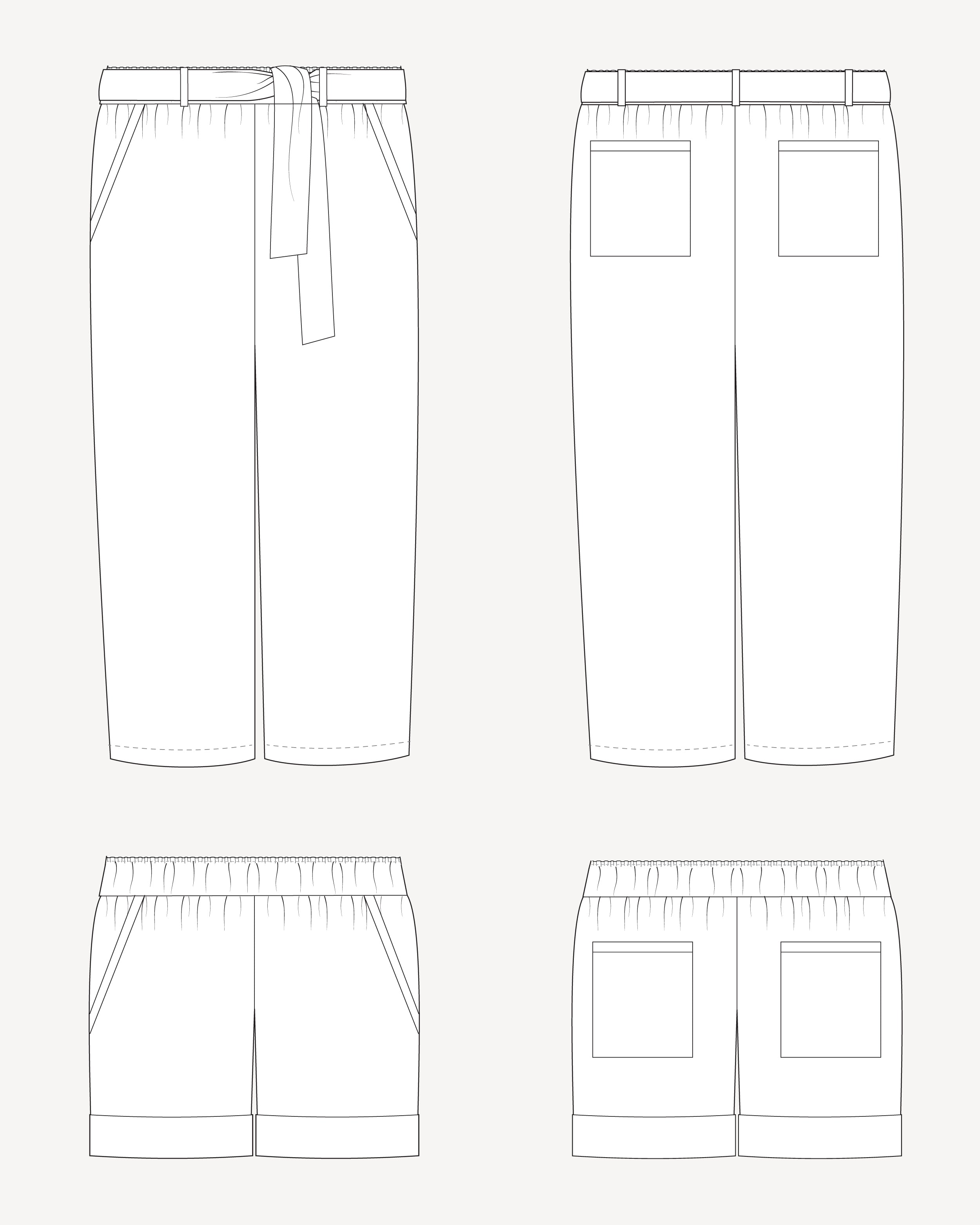 Line drawing of a pair of pants with a belt and front pockets on a white background. These pants are the Everett Pants & Shorts sewing pattern from Cashmerette.