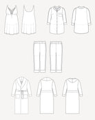 Set of black line drawings of various clothing items on a white background. This is the Fiske Sleepwear Set sewing pattern from Cashmerette.