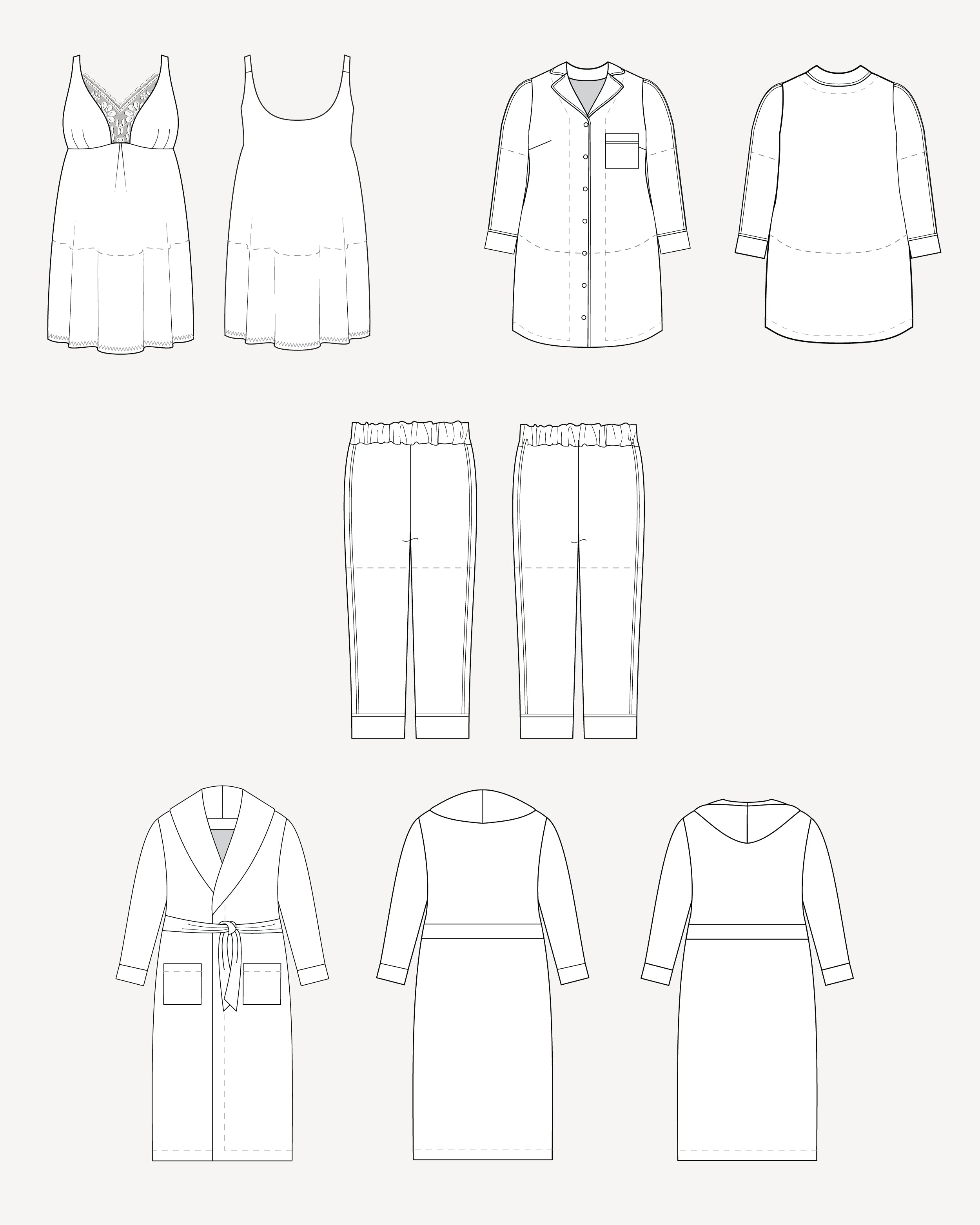Set of black line drawings of various clothing items on a white background. This is the Fiske Sleepwear Set sewing pattern from Cashmerette.