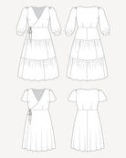 Line art of a dress from multiple angles on a white background. This dress is the Roseclair Wrap Dress sewing pattern from Cashmerette.