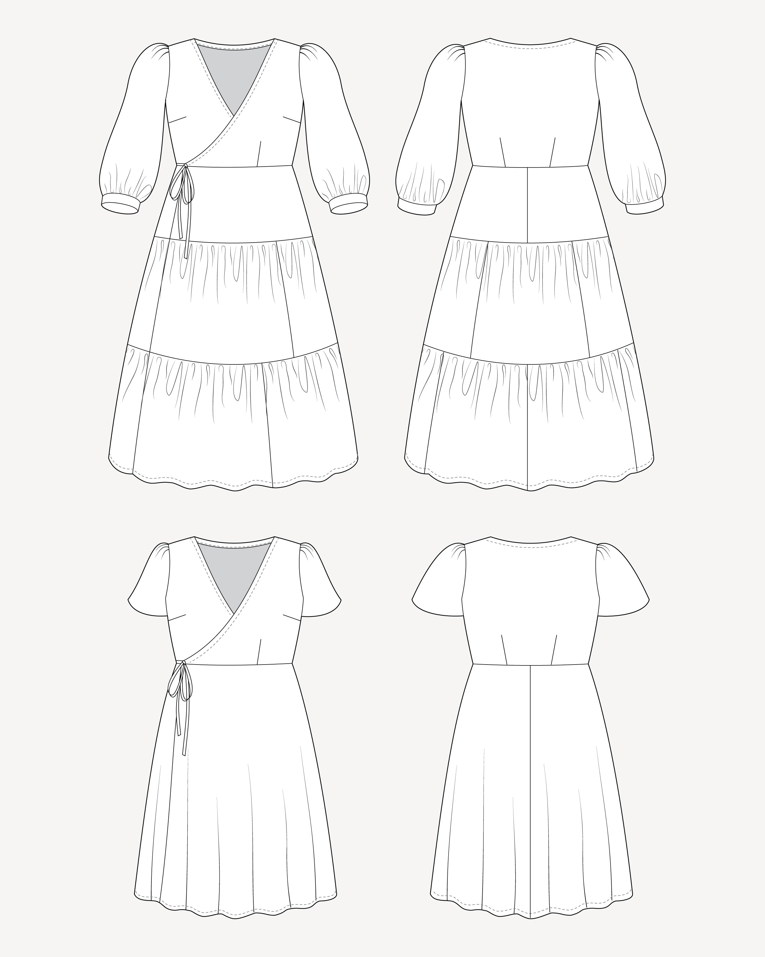 Line art of a dress from multiple angles on a white background. This dress is the Roseclair Wrap Dress sewing pattern from Cashmerette.