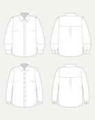 Line drawing of a shirt from front, back, and side views on a white background. This top is the Vernon Shirt sewing pattern from Cashmerette.