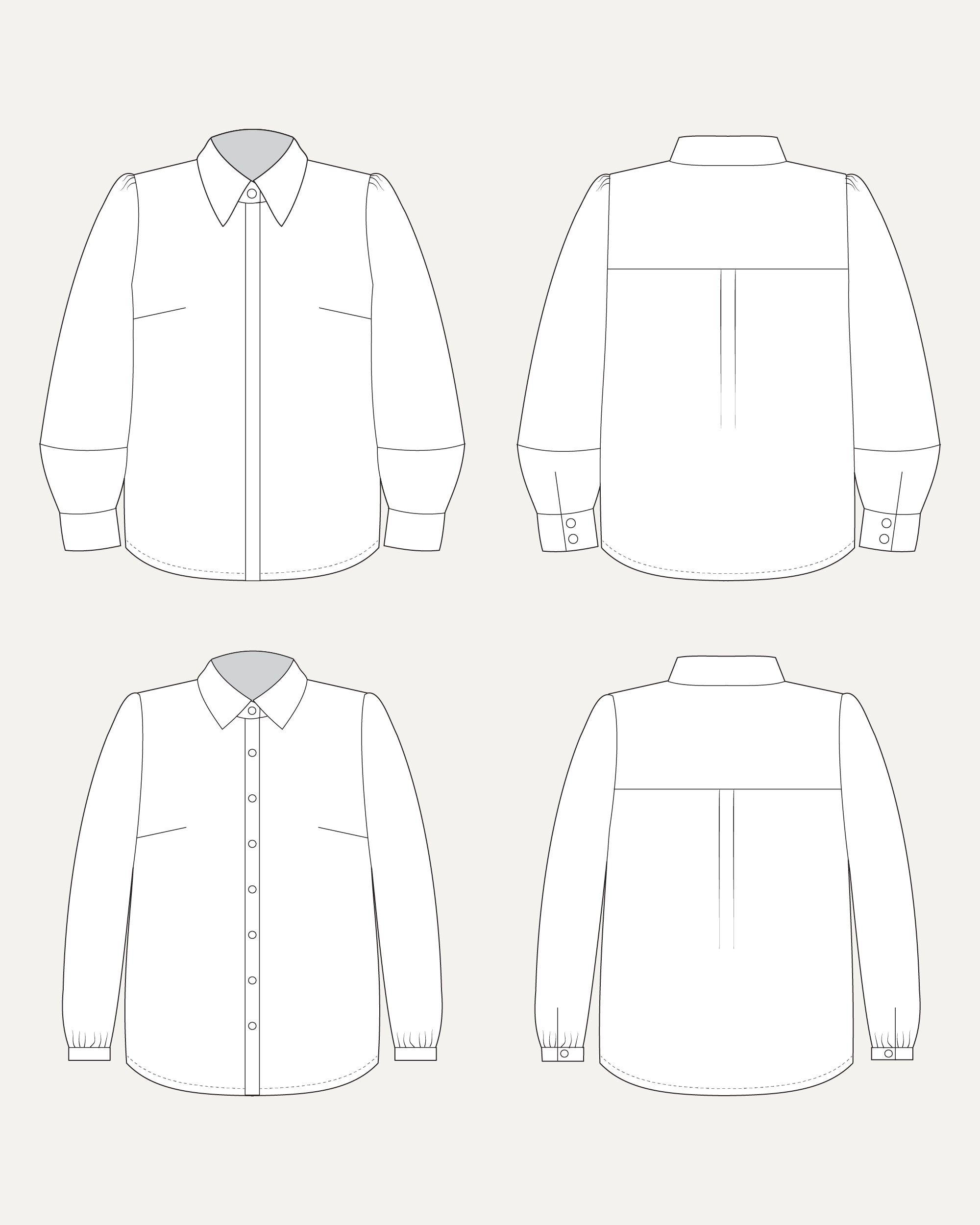 Line drawing of a shirt from front, back, and side views on a white background. This top is the Vernon Shirt sewing pattern from Cashmerette.