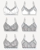 Technical drawings of various types of bras on a white background. This bra is the Willowdale Bra sewing pattern from Cashmerette.