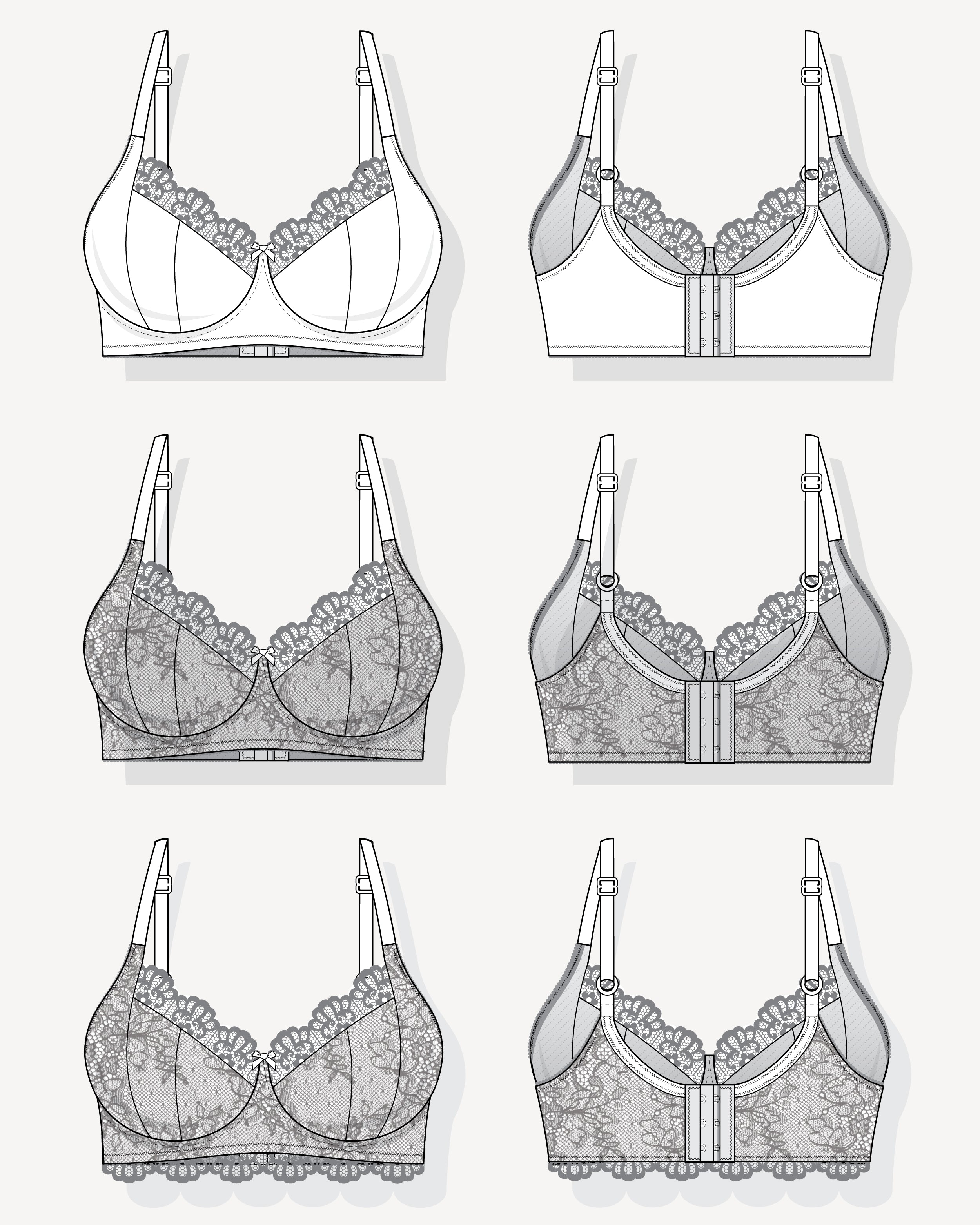 Technical drawings of various types of bras on a white background. This bra is the Willowdale Bra sewing pattern from Cashmerette.