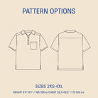 Outline of a polo shirt with pattern options and size chart on a beige background